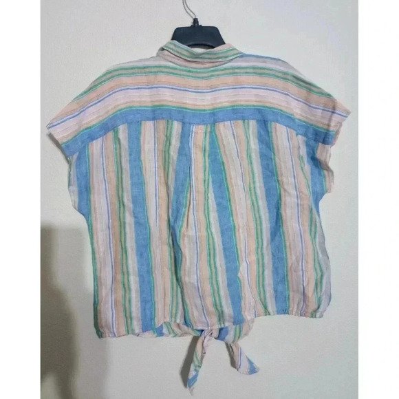 Talbots 100% Linen Tie‎ Hem Button Front Top Boxy Striped Petite XL - Picture 2 of 4